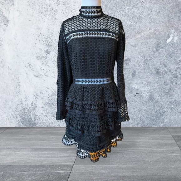 Aqua Dress Mini Crochet Black Lace Long Sleeve Mockneck Dress Runs Tight - Picture 2 of 9